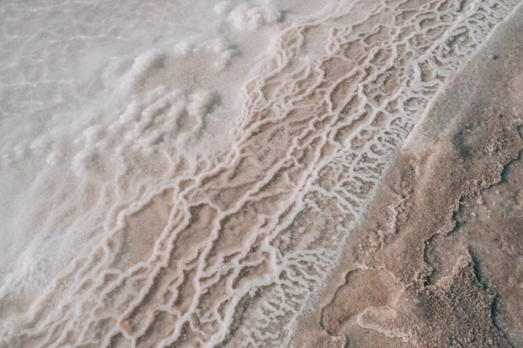 Salt formation on shore of dead sea detail