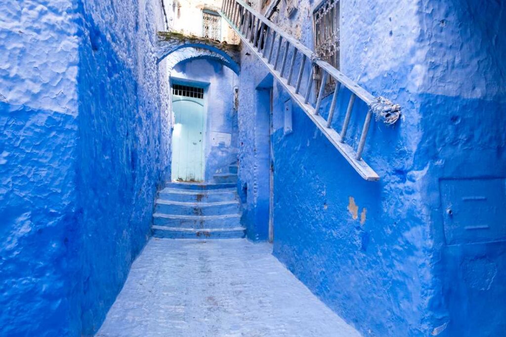 blue street in chefchaouen in morocco