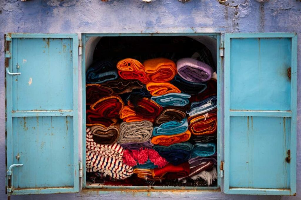 colorful blankets in storage chefchaouen 
