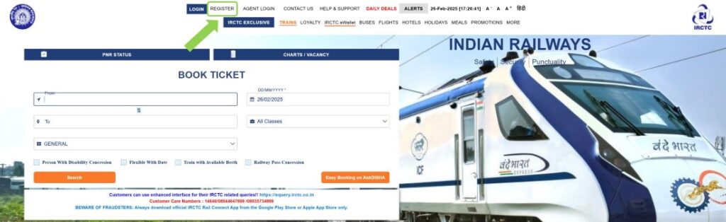 booking a train in inadia irctc website register