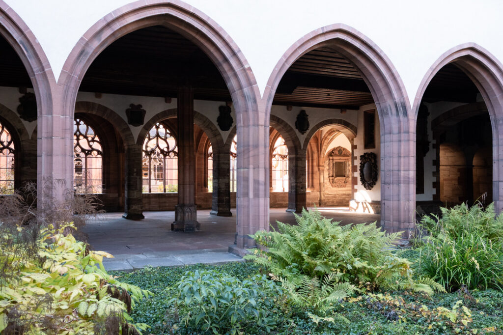 A hall with archways and greenery at the Basel Munster in Switzerland