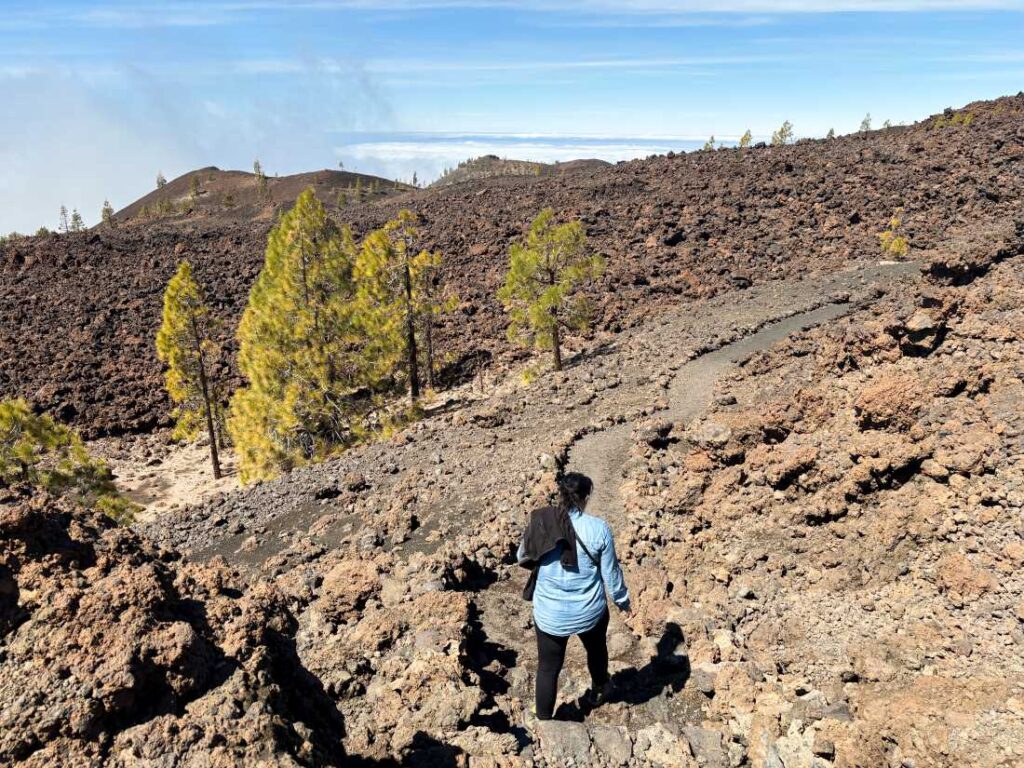 mieke going down a trail consisting of volcanic rocks in teide national park in Tenerife 